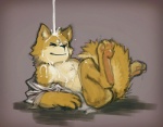 3_toes anthro biped black_nose brown_body brown_fur clothed clothing eyes_closed feet fluffy fluffy_tail fur hindpaw lying male milk mostly_nude on_back pawpads paws simple_background smile solo tail toes lanoodles canid canine canis domestic_dog mammal shiba_inu spitz