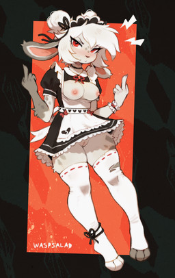 3_toes 5_fingers anthro areola biped breasts claws clothed clothed_anthro clothed_female clothing exposed_breasts feet female finger_claws fingers front_view fur genitals gesture grey_body grey_fur hair hand_gesture legwear looking_at_viewer maid_uniform markings middle_finger nipples red_eyes simple_background solo spots spotted_body spotted_fur thigh_highs toes uniform vulva white_hair waspsalad vivi_(waspsalad) lagomorph leporid mammal 2025 digital_media_(artwork) hi_res