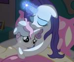 bed bodily_fluids comfort cuddling duo female feral furniture horn magic night tears ponyecho friendship_is_magic hasbro my_little_pony mythology rarity_(mlp) sweetie_belle_(mlp) equid equine mammal mythological_creature mythological_equine unicorn 6:5