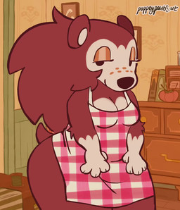 4_fingers anthro apron apron_only belly black_nose breast_jiggle breasts brown_body brown_fur brown_hair cleavage clothed clothing eyeshadow female fingers flashing flashing_pussy freckled_face freckles fur genitals glistening_eyelids hair half-closed_eyes inside jiggling lifting_apron looking_around makeup multicolored_body multicolored_fur narrowed_eyes open_mouth open_smile orange_eyeshadow pattern_apron pattern_clothing plaid plaid_apron plaid_clothing presenting presenting_vulva scut_tail short_tail slightly_chubby slightly_chubby_anthro slightly_chubby_female smile solo standing tail tan_body tan_fur two_tone_body two_tone_fur vulva puppeypawbs animal_crossing nintendo sable_able eulipotyphlan hedgehog mammal 2026 2d_animation animated hi_res no_sound short_playtime video