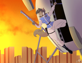 anthro black_hair brown_body brown_fur city city_background clothed clothed_anthro clothing dangerous digital_color female flying fur hair sunset weapon stogiegoatarts hanna-barbera swat_kats felina_feral domestic_cat felid feline felis mammal digital_media_(artwork)