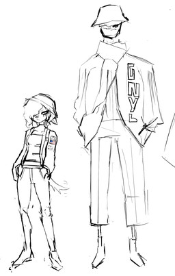 american_flag anthro bottomwear bucket_hat clothing denim denim_bottomwear denim_clothing duo female footwear hat headgear headwear jacket jeans male male/female mask pants shoes tail tail_motion tailwag topwear united_states_of_america uonwy canid canine human mammal hi_res sketch