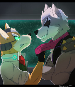 angry anthro biceps black_bars clothing crossed_arms duo ear_piercing eye_patch eyewear fur grey_body grey_fur jacket kerchief male multicolored_body multicolored_fur muscular muscular_male neckerchief neckwear piercing smile space topwear visor seachord nintendo star_fox fox_mccloud wolf_o'donnell canid canine canis fox mammal wolf 2024 digital_media_(artwork) hi_res letterbox