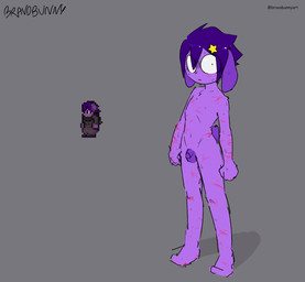 anthro balls bruised fur genitals grey_background hair male nude_male penis purple_body purple_fur purple_hair simple_background small_balls small_penis solo star_accessory bravobunny terraria bravo_(bravobunny) lagomorph leporid mammal rabbit full-length_portrait hi_res portrait
