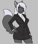 anthro big_breasts black_bottomwear black_clothing black_jacket black_nose black_skirt black_topwear bottomwear breasts business_attire clothed clothing dipstick_tail female fur grey_background grey_body grey_fur hair hand_on_hip inner_ear_fluff jacket markings simple_background skirt solo sweater tail tail_markings tight_clothing topwear tuft white_clothing white_eyes white_hair white_sweater white_tail_tip white_topwear f4ephantomii space_station_13 ereonora_bonoir canid canine fox mammal vulpkanin hi_res