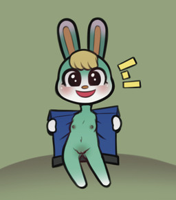 anthro black_eyes blonde_hair clothing crossgender eyelashes female flashing fur genitals green_body green_fur hair jacket looking_at_viewer mtf_crossgender nipples open_mouth simple_background smile solo topwear vulva conditional_dnp thehenwithatie animal_crossing nintendo sasha_(animal_crossing) lagomorph leporid mammal rabbit digital_media_(artwork) hi_res