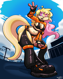 5_fingers anthro belt bent_over big_butt black_belt black_bra black_clothing black_footwear black_gloves black_handwear black_legwear black_shoes black_underwear blonde_hair bottomwear bra butt clothed clothing cute_fangs fangs female fingers footwear fur gesture gloves hair hand_gesture handwear heart_eyes heart_symbol legwear long_tail low-angle_view microskirt miniskirt one_eye_closed orange_bottomwear orange_clothing orange_skirt orange_topwear outside pink_eyes pink_hair pupils red_nose skimpy skirt smile solo tail teeth thick_thighs topwear underwear v_sign white_pupils yellow_body yellow_fur felino audie_(otto0ttsy) mammal mustelid otter 2026 absurd_res hi_res