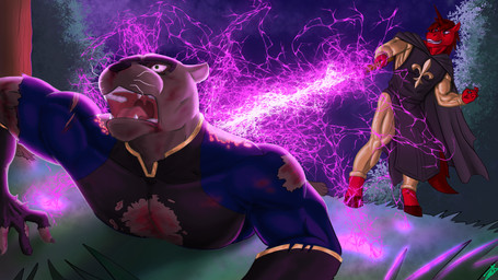 anthro blood bodily_fluids bottomwear brown_body brown_fur clothed clothing duo fur hair horn male mask muscular muscular_anthro muscular_male open_mouth pecs smile superhero tail teeth tight_clothing topwear torn_clothing wounded zachsroom mythology equid equine mammal mustelid mythological_creature mythological_equine otter unicorn 16:9 digital_media_(artwork) hi_res widescreen