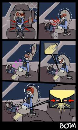 3_toes anthro barefoot belly belt beverage_bottle bladder_bulge blush blushing_profusely bodily_fluids bottomwear bottomwear_down car_window clothed clothing desperation dialogue ears_down feet female female_anthro genital_fluids grey_body long_ears looking_relieved male male_anthro navel night omorashi open_belt panties pants pants_down partially_clothed peeing peeing_into_container pivoted_ears police police_uniform police_vehicle relieved scut_tail shaking shirt_collar shirt_pocket short_tail tail tears tears_of_desperation teeth text tipped_ears toes trembling underwear uniform urine urine_in_bottle utility_belt vehicle bombality disney zootopia judy_hopps 2024 comic english_text hi_res