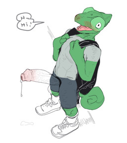 anthro backpack big_penis biped blush bodily_fluids camo_penis clothing dialogue erection exclamation_point footwear foreskin genital_fluids genitals glans green_body green_eyes humanoid_genitalia humanoid_penis invisible_penis looking_at_viewer male mostly_nude open_mouth open_smile painted_clothing penis precum shoes smile socks solo speech_bubble tail text bebebebebe third-party_edit chameleon lizard reptile scalie color_edit colored hi_res