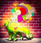 amazing_background ambiguous_feral ambiguous_gender detailed_background feral fur green_body green_fur multicolored_body multicolored_fur purple_body purple_eyes purple_fur purple_nose quadruped rainbow solo sparklefur star superflat tail y2k_(graphic_design) falvie falvie_(character) canid canine canis fionbri mammal wolf colorful_theme detailed digital_media_(artwork) unavailable_at_source female_(lore)