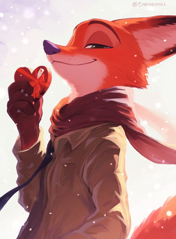 anthro black_nose box_of_chocolates candy cheek_tuft chocolate clothed clothing coat dessert eyebrows facial_tuft food fully_clothed fur green_eyes half-closed_eyes holidays looking_at_viewer looking_down low-angle_view male multicolored_body multicolored_fur narrowed_eyes orange_body orange_fur outside scarf smile snow snowing solo text three-quarter_view topwear tuft twitter_handle two_tone_body two_tone_fur white_body white_fur tomoe00022 disney valentine's_day zootopia nick_wilde canid canine fox mammal 2026 artist_name hi_res