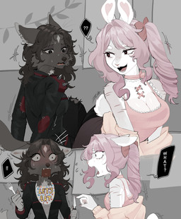 5_fingers anthro biped blush bottomwear breasts brown_hair claws clothed clothed_anthro clothed_female clothing duo female finger_claws fingers fully_clothed fully_clothed_anthro fully_clothed_female fur grey_body grey_fur grey_tail hair inside pink_hair smile tail teeth tongue topwear raccoattack racc_(raccoattack) lagomorph leporid mammal procyonid rabbit raccoon 2026 digital_drawing_(artwork) digital_media_(artwork) hi_res