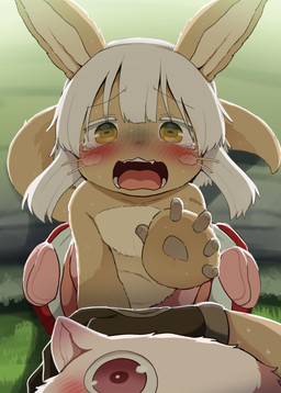ambiguous_gender anthro blush bodily_fluids clothed clothing detailed_background duo female fingers first_person_view fur green_eyes hair horizontal_pupils open_mouth pink_body pink_eyes pink_fur pov_hands pupils sweat tail tan_body tan_fur tan_tail teeth tongue white_hair dagasi made_in_abyss mitty nanachi human mammal narehate 2025 hi_res