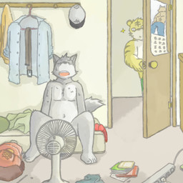 anthro belly bodily_fluids bottomwear clothing duo eyes_closed fur grey_body grey_fur humanoid_hands male navel shirt shorts sitting slightly_chubby sweat topwear moonlycan canid canine canis felid mammal pantherine tiger wolf 1:1 2015