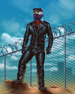 anthro belt black_body black_fur black_stripes blue_kerchief boots bottomwear bulge chain-link_fence chaps clothing day eyebrows fence footwear fur gloves handwear hat headgear headwear jacket kerchief leather leather_bottomwear leather_chaps leather_clothing leather_gloves leather_handwear leather_hat leather_headgear leather_headwear leather_jacket leather_pants leather_topwear light looking_forward male outside pants purple_eyes purple_kerchief razor_wire red_kerchief shoes sky solo standing stripes sunlight topwear white_body white_fur guyinvintageclothes vaurien felid mammal pantherine tiger full-length_portrait hi_res portrait