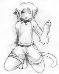 anthro bell clothed clothing collar felid greyscale male mammal monochrome ren_myler solo tail topless