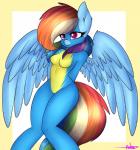 anthro blue_body blue_feathers blue_skin breasts feathered_wings feathers female genitals hair multicolored_hair multicolored_tail pussy rainbow_hair rainbow_tail smile solo spread_wings tail wings ashee friendship_is_magic hasbro my_little_pony mythology rainbow_dash_(mlp) equid equine horse mammal mythological_creature mythological_equine pegasus pony 2016 absurd_res hi_res