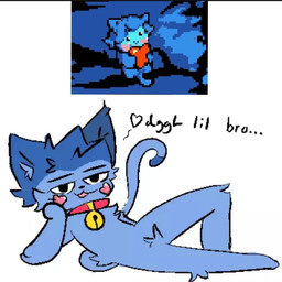 anthro arm_support bell bell_collar blue_body blue_fur collar collar_only fur heart_symbol holding_object leaning_on_elbow male nude on_ground simple_background solo talking_to_viewer white_background anonymous_artist destiny_(streamer) dggl_(destiny) domestic_cat felid feline felis mammal aliasing digital_drawing_(artwork) digital_media_(artwork) meme pixel_(artwork) reference_image