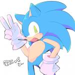 anthro blue_body blue_fur blush clothing cute_fangs fangs fur gesture gloves green_eyes hand_gesture hand_on_hip handwear male open_mouth open_smile simple_background smile solo teeth text v_sign white_background white_clothing white_gloves white_handwear sikai sega sonic_the_hedgehog_(series) sonic_the_hedgehog eulipotyphlan hedgehog mammal 1:1 japanese_text low_res