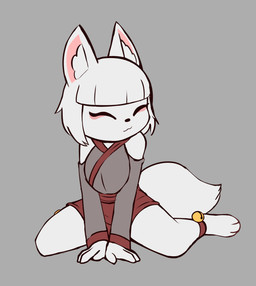 3_toes 4_fingers anthro asian_clothing barefoot bell bob_cut breasts cat_smile clothed clothing curvy_figure dress east_asian_clothing eyeliner eyes_closed feet female fingers fluffy fluffy_tail fur hindpaw hourglass_figure inner_ear_fluff japanese_clothing kneeling makeup medium_breasts melee_weapon miko_outfit natural_breasts paws pose robe samurai shrine_maiden sitting smile solo spread_legs spreading tail toes tuft warrior weapon white_body white_fur e254e yuki_(e254e) canid canine fox mammal absurd_res hi_res