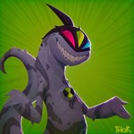 3_eyes ambiguous_gender anthro green_background grey_body grey_skin horn long_tail markings multi_eye sharp_teeth simple_background smile solo spikes tail teeth thor_vg8 ben_10 cartoon_network chamalien alien merlinisapien scalie
