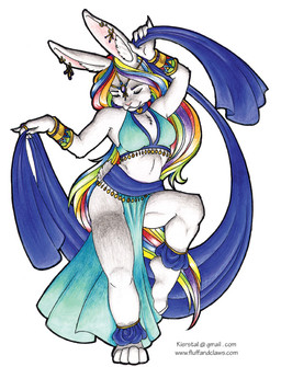 anthro belly_dancer bottomwear bracelet breasts choker clothing ear_piercing female hair harem harem_outfit jewelry loincloth necklace piercing simple_background solo text white_background kierstal lagomorph leporid mammal rabbit colorful_theme url