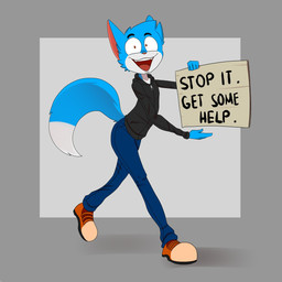 5_fingers anthro biped black_clothing black_jacket black_topwear blue_body blue_bottomwear blue_clothing blue_fur blue_pants bottomwear cheek_tuft clothed clothing countershade_face countershading denim denim_bottomwear denim_clothing dipstick_tail eyebrows facial_tuft fingers footwear fully_clothed fur grey_background head_tuft holding_object holding_sign jacket jeans looking_at_viewer male markings multicolored_body multicolored_fur multicolored_tail open_mouth open_smile orange_clothing orange_eyes orange_footwear orange_shoes pants pink_nose plantigrade pose shoes sign simple_background smile sneakers snout solo standing tail tail_markings teeth text tongue topwear tuft two_tone_body two_tone_fur white_body white_fur wide_eyed jay-r stop_it._get_some_help jay-r_(character) canid canine fox mammal 1:1 2020 digital_media_(artwork) english_text hi_res meme reaction_image