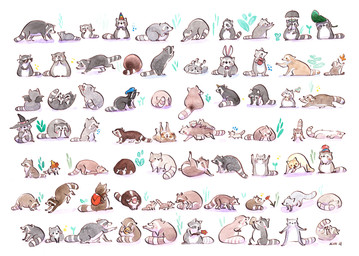 angry backpack blush brown_body brown_fur clothing cute_fangs dot_eyes eating eyewear fangs feral flower food fur grey_body grey_fur group hat headgear headwear horn leaf party_hat plant simple_eyes sitting sunglasses teeth umbrella white_body white_fur wings wizard_hat kness mammal procyonid raccoon 2021 hi_res