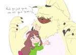 anthro brown_hair duo female fur hair hug humor long_ears long_hair male size_difference text yellow_body yellow_fur tinypwbble bandai_namco digimon digimon_ghost_game ruri_tsukiyono angoramon digimon_(species) human lagomorph leporid mammal rabbit comic english_text