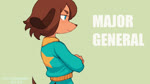 anthro blue_eyes brown_hair clothed clothing female fingers green_background hair looking_at_viewer looking_back simple_background smile snout solo text colo misha_(colo) canid canine canis domestic_dog mammal 2019 2d_animation animated english_text frame_by_frame high_framerate no_sound short_playtime webm