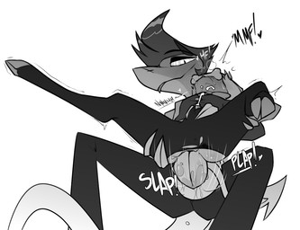 2_penises anal anal_penetration anthro anthro_penetrating anthro_penetrating_humanoid biped bit_gag black_text bodily_fluids bone_gag bottomwear bulge bulge_fondling chair_position clothed clothed_anthro clothed_humanoid clothed_male clothed_sex clothing cloven_hooves cum cum_in_clothing cum_through_clothing cumshot double_anal double_penetration drooling duo ejaculation from_behind_position from_front_position gag gagged genital_fluids genitals hair half-closed_eyes head_back heart_symbol hooves humanoid_on_anthro humanoid_penetrated larger_anthro looking_aside male male/male male_anthro male_humanoid male_penetrated male_penetrating male_penetrating_male mastery_position moan motion_lines multi_genitalia multi_penis narrowed_eyes onomatopoeia pants penetration penile penile_penetration penis penis_in_ass pompadour pupils saliva saliva_on_face sex short_hair sitting size_difference slit_pupils smaller_humanoid smaller_penetrated snout sound_effects spade_tail tail text thrusting tongue tongue_out topwear torn_bottomwear torn_clothing torn_pants unguligrade wet wet_clothing white_text potatonebula hellaverse helluva_boss chazwick_thurman moxxie_(helluva_boss) aquatic demon demon_humanoid fish humanoid imp shark 2026 english_text greyscale monochrome