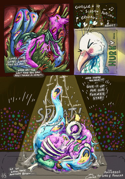 abdominal_bulge anthro anthro_prey avian_feet beak biped blue_body bodily_fluids bone bottomwear clothed clothing digestion disposal drooling feathered_crest feathered_wings feathers female female_pred femboy feral feral_pred gore graphic_digestion green_eyes head_crest internal larger_pred male male_prey organs pellet pink_body saliva size_difference skull stomach stomach_acid tail tail_feathers text vore winged_arms wings conditional_dnp foxyoreos gyrotech gyro_feather sviri_and_vaelhen avian bird galliform peafowl phasianid absurd_res comic english_text hi_res