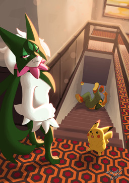 anthro falling female feral group high-angle_view inside looking_at_viewer male overlook_hotel_carpet smug_face stairs sunset surprised foxxj nintendo pokemon stephen_king_(copyright) surprised_pikachu the_shining ash's_pikachu ash_ketchum generation_1_pokemon generation_9_pokemon human mammal meowscarada pikachu pokemon_(species) absurd_res hi_res meme