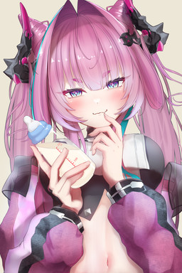 blue_eyes blush breasts clothed clothing crop_top cute_fangs fangs feeding_bottle female female_humanoid finger_on_mouth hair hair_between_eyes half-closed_eyes horn jacket long_hair medium_breasts milk narrowed_eyes navel not_furry open_clothing open_jacket open_topwear pigtails pink_clothing pink_hair pink_jacket pink_topwear shirt simple_background teeth topwear wavy_mouth suyasuya_unyu arknights_endfield mythology yvonne_(arknights) animal_humanoid dragon dragon_humanoid horned_humanoid humanoid mythological_creature mythological_scalie scalie 2:3 absurd_res half-length_portrait hi_res portrait