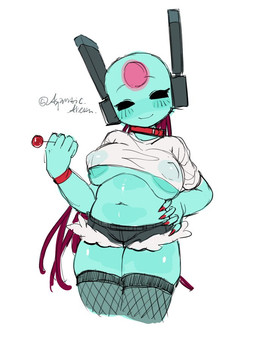 5_fingers antennae_(anatomy) areola areola_slip belly big_breasts big_nipples black_eyes blue_body blush bottomwear bracelet breasts candy clothing collar colored_nails dessert exposed_belly exposed_breasts female fingers fishnet_clothing fishnet_legwear fishnet_thigh_highs food head_markings hotpants jewelry legwear lollipop machine markings nails nipples nipples_visible_through_clothing red_collar red_nail_polish shirt shorts solo text thigh_highs topwear translucent translucent_clothing alretta rain_world videocult looks_to_the_moon_(rain_world) humanoid iterator_(rain_world) robot robot_humanoid signature