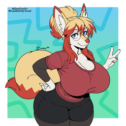 4_fingers anthro big_breasts black_clothing blue_eyes breasts clothing eyewear female fingers gesture glasses green_background hand_gesture huge_breasts looking_at_viewer red_clothing red_shirt red_topwear round_glasses shirt simple_background smile solo tail topwear v_sign mawliet nintendo pokemon zinny_(mawliet) braixen generation_6_pokemon pokemon_(species) 1:1 2025 hi_res