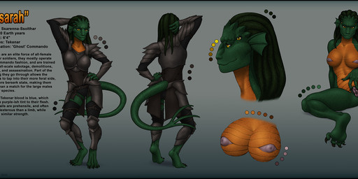 anthro armor breasts clothed clothing female genitals green_body green_scales inverted_nipples looking_at_viewer multi_eye multicolored_body multicolored_scales nipples non-mammal_breasts nude orange_body orange_scales purple_nipples purple_vulva scales side_view simple_background solo spread_vulva spreading text two_tone_body two_tone_scales vulva yellow_eyes wickedjuti ssarenna alien lizard reptile scalie tekenar 2015 english_text hi_res model_sheet source_request unavailable_at_source