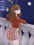 3:4 bottomwear breasts brown_eyes brown_hair building clothed clothing digital_media_(artwork) ear_piercing eyelashes female fingers full_moon fully_clothed hair hi_res human human_only koto0v0haru long_hair mammal moon night not_furry outside piercing shirt side_view skirt sky solo standing topwear