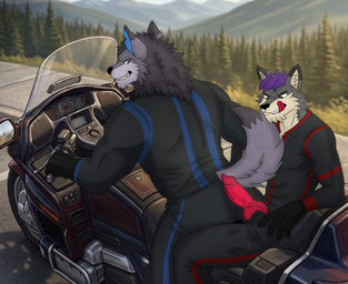 animal_genitalia animal_penis anthro canine_genitalia canine_penis duo fur genitals grey_body grey_fur hair highway knot male male/male motorcycle penis public public_sex purple_hair rear_view rubbing sex size_difference tongue vehicle nicolasthewolf canid canine canis mammal wolf hi_res
