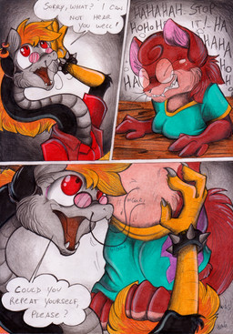 anthro asking asking_another asking_what black_body blonde_hair bracelet breasts brown_body brown_fur brown_hair claws clothed clothed_anthro clothed_female clothing dialogue duo ear_piercing ear_ring eyes_closed eyewear feet female finger_claws fur glasses grey_body hair hair_swirl jewelry multicolored_body multicolored_hair open_mouth orange_hair piercing pink_inner_ear red_clothing red_eyes red_shirt red_topwear ring_piercing shirt speech_bubble spiked_bracelet spikes stuck stuck_in_floor tail talking_to_another talon_hands teeth text tickle_fetish tickle_torture tickling tickling_belly tickling_feet tinted_glasses topwear two_tone_hair wearing_glasses chocolatechilla mythology allie_(lissatoons) edgy_(rofllizard) domestic_cat dragon eastern_dragon felid feline felis mammal mythological_creature mythological_scalie scalie comic english_text hi_res