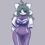 anthro breasts clothed clothed_anthro clothed_female clothing cosplay dress female female_anthro front_view green_hair hair oversized_sleeves purple_clothing purple_dress solo tail white_tail scentedpocky undertale undertale_(series) temmie_(undertale) tem 2024 digital_drawing_(artwork) digital_media_(artwork) portrait three-quarter_portrait