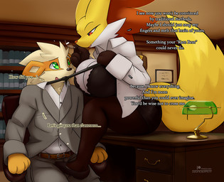 anthro big_breasts biped black_body black_bra black_clothing black_fur black_nose black_underwear bra breasts brown_body brown_fur cleavage clothed clothed_anthro clothed_female clothed_male clothing desk dialogue duo female female_anthro fingers fluffy fluffy_tail fur furniture green_eyes huge_breasts male multicolored_body multicolored_fur open_mouth orange_body orange_fur orange_nose pawpads photo red_body red_fur sitting smile table tail tan_body tan_fur teeth text tongue two_tone_body two_tone_fur underwear white_body white_fur yellow_body yellow_fur yellow_tail ozoneserpent nintendo pokemon azalea_phox arcanine delphox generation_1_pokemon generation_6_pokemon pokemon_(species) 2026 english_text