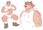 anthro biped bottomwear bulge clothed clothing clothing_lift ears_aside footwear hair horn looking_at_viewer male mouth_closed muscular orange_hair shirt shirt_lift shoes simple_background sitting smile solo topwear white_background bebebebebe bovid bovine cattle mammal hi_res sketch