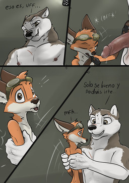 anthro balls biped brown_eyes duo erection eyewear foreskin genitals glans goggles humanoid_genitalia humanoid_penis low-angle_view male male/male male_anthro penis retracted_foreskin scar size_difference surprised text tongue tongue_out vein veiny_penis wolfyalex96 alaskan_malamute canid canine canis domestic_dog fox mammal nordic_sled_dog red_fox spitz true_fox hi_res spanish_text