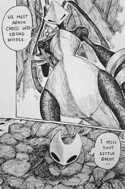 antennae_(anatomy) backpack black_arms black_legs cloak clothing dialogue duo looking_down looking_up speech_bubble text starbind_s hollow_knight:_silksong hollow_knight_(franchise) team_cherry hornet_(hollow_knight) shakra_(hollow_knight:_silksong) arthropod absurd_res comic english_text hi_res monochrome