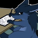 1:1 alpha_channel angry annoyed anthro black_eyes blue_body blue_fur dragon drawing drawing_tablet electronics fur furniture furred_dragon furred_scalie giru giru_(artist) hand_on_table holding_object holding_pen looking_at_viewer male mythological_creature mythological_scalie mythology nekoeko pen scalie sitting sketch solo table tablet_pen