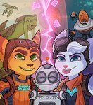 anthro blue_eyes female green_eyes group happy looking_at_viewer machine male pink_nose smile smiling_at_viewer stripes tongue tongue_out assassyart insomniac_games ratchet_and_clank sony_corporation sony_interactive_entertainment clank_(ratchet_and_clank) ratchet_(ratchet_and_clank) rivet_(ratchet_and_clank) lombax mammal robot hi_res