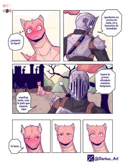 armor blush bridge castle dialogue dirt duo eyelashes female feral headgear helmet horn knight male melee_weapon outside plant short_horn shoulder_pads sitting small_horn smile spiked_head spiked_shoulder_pads spiked_tail spikes spikes_(anatomy) sword sword_on_back tail text tree warrior weapon darkus_art mythology dragon human mammal mythological_creature mythological_scalie scalie comic hi_res spanish_text translation_request