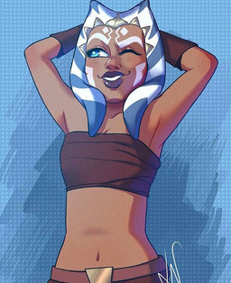 adolescent bandeau blue_eyes blue_lekku border bottomwear clothing crop_top female female_adolescent hands_behind_head hands_behind_own_head lying midriff navel not_furry on_back one_eye_closed orange_body orange_skin raised_arms shirt skirt solo topwear tube_top white_lekku wink young unknown_artist star_wars star_wars:_the_clone_wars ahsoka_tano alien humanoid togruta source_request